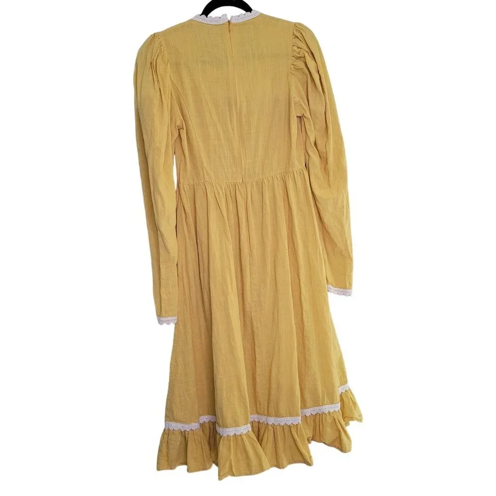 Victorian‎ Women's M Prairie Cottage Core Dress Long Sleeve Crochet Mustard